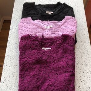 Lot of 3 Isaac Mizrahi Live lace blouses medium black lilac plum bell sleeves